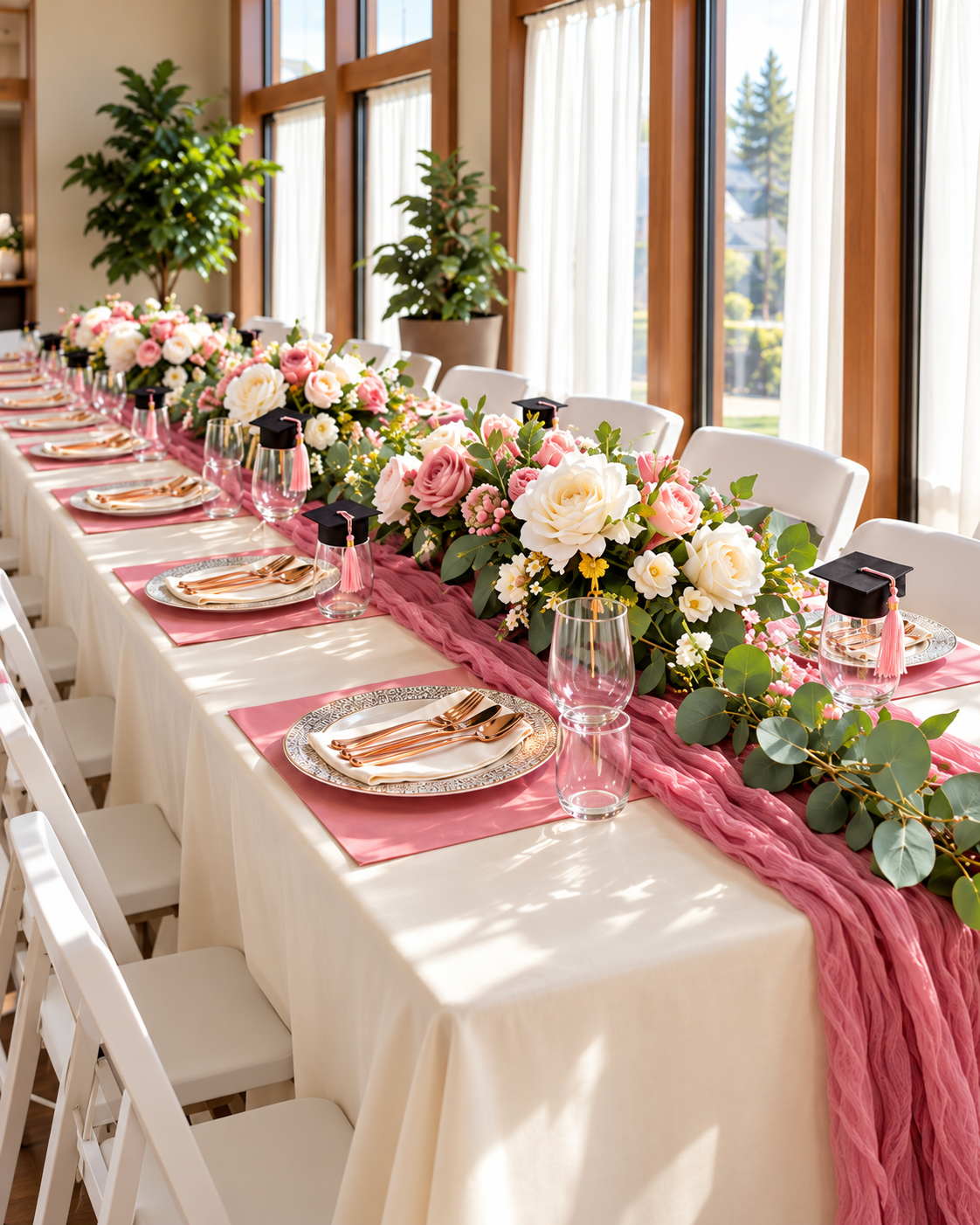 Blush floral graduation table styling