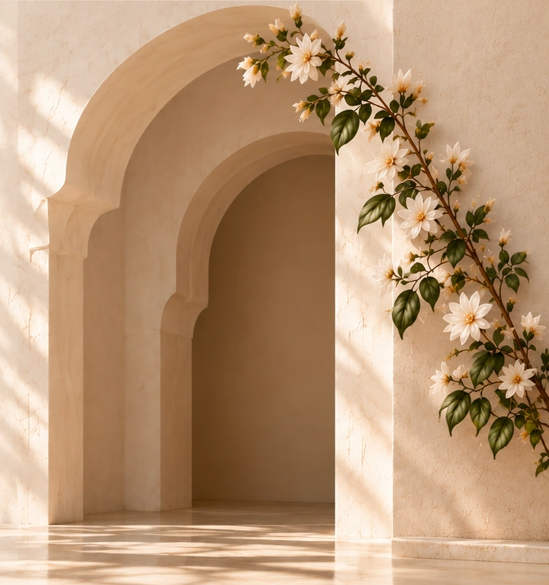 Warm limestone Moorish-inspired arches with a delicate ivory flowering vine